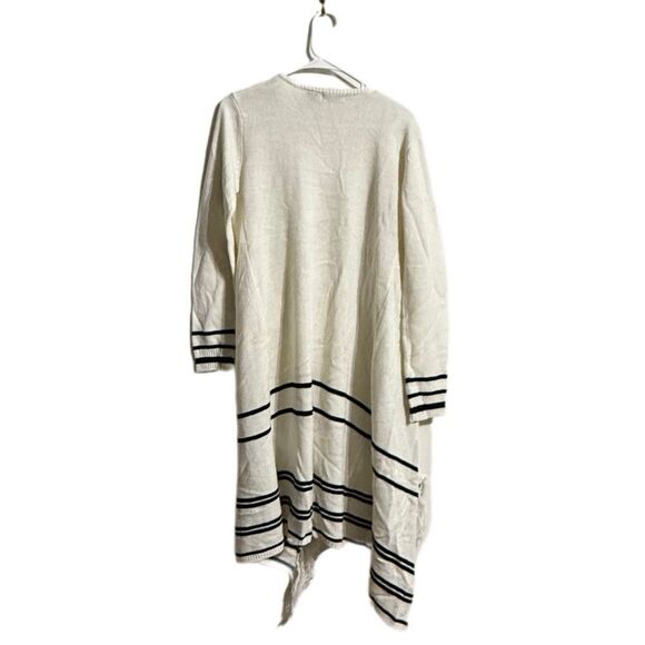 White Long Open-Front Cardigan with Striped Cuffs - Picture 2 of 5